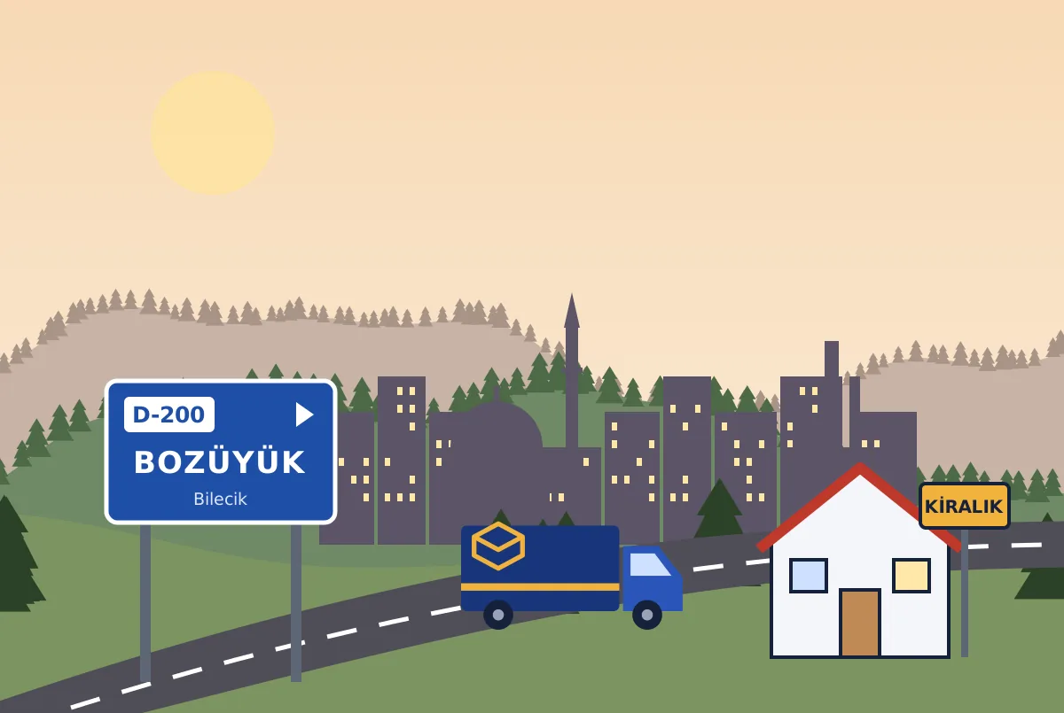 Çam ormanlı tepeler ve ilçe silueti önünde kiralık tabelalı ev, nakliye kamyoneti ve D-200 Bozüyük tabelası çizimi