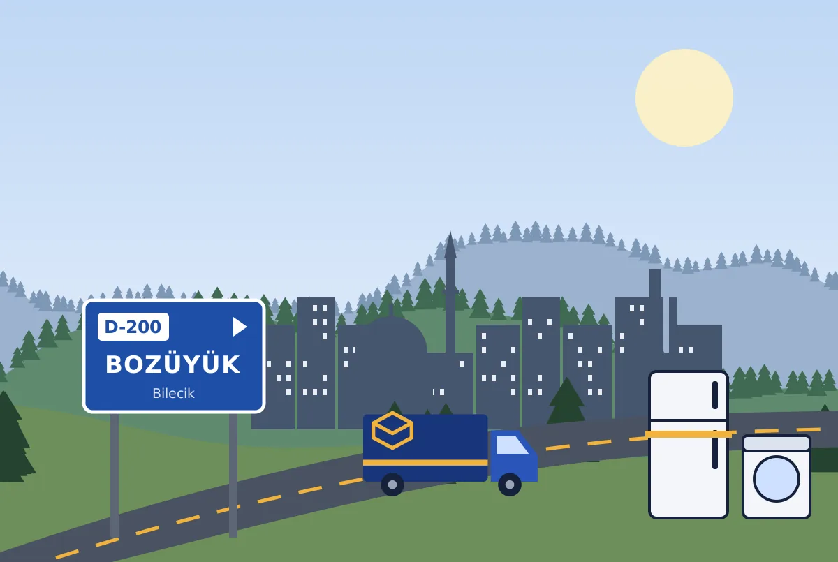 D-200 Bozüyük tabelası, çam ormanlı tepeler önünde nakliye kamyoneti, buzdolabı ve çamaşır makinesi çizimi
