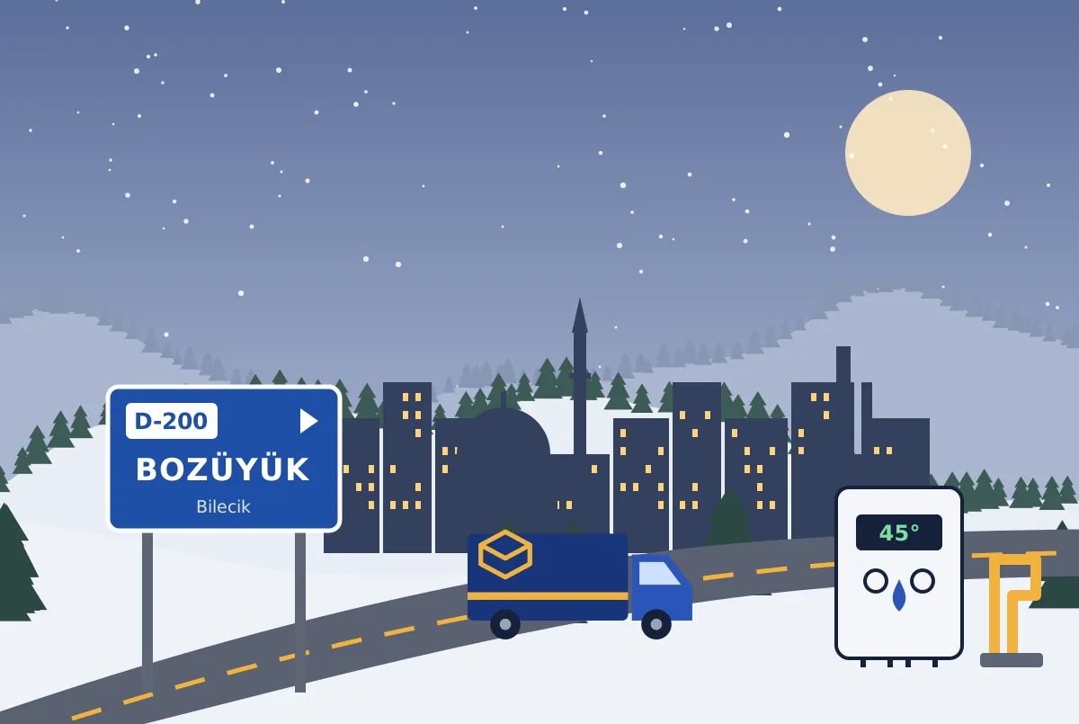 Karlı çam ormanlı tepeler ve ilçe silueti önünde kombi, gaz borusu, nakliye kamyoneti ve D-200 Bozüyük tabelası çizimi