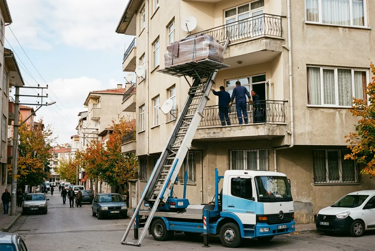 Mobil asansörle apartman balkonundan koltuk indirilmesi