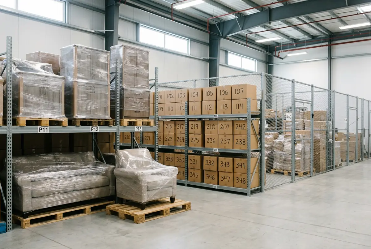 Paketlenmiş mobilyalar ve numaralı kolilerle düzenli eşya deposu