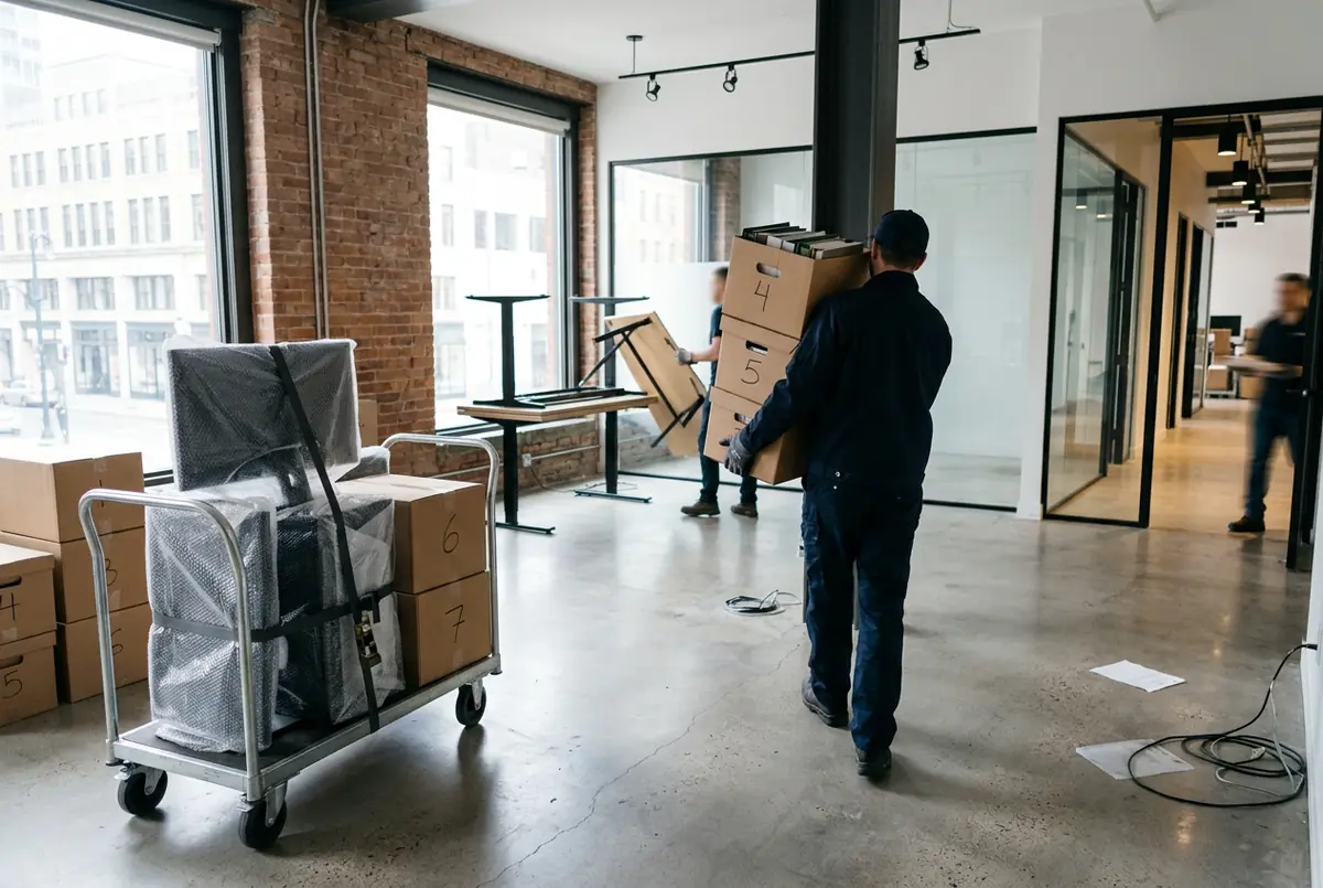 Ofis taşımada numaralı koliler ve paketlenmiş bilgisayar ekranları