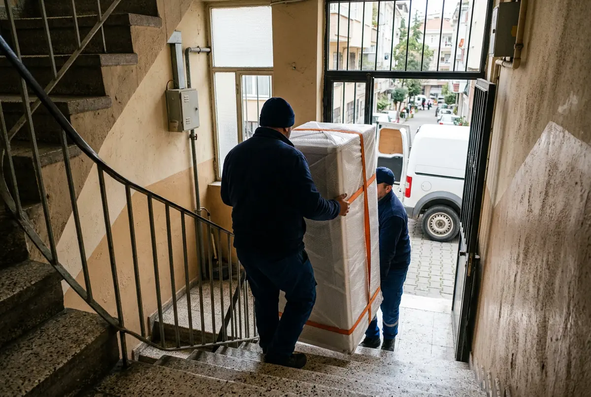 Paketlenmiş buzdolabının apartman merdiveninden taşınması